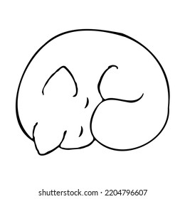 Sleepy cat doodle isolated on white background. Hand drawn ink sketch. Pet vector illustration. Domestic cute curled up kitten. Monochrome outline clip art. Simple animal icon