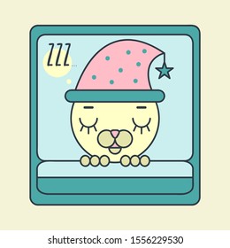 Sleepy cat in hat, baby kitten sleeping in bad, animal dreaming, vector print