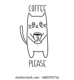 Sleepy cat holding cup of coffee. Vector cartoon drawing in doodle style. Adorable animals. Good for posters, textiles, t shirts.