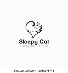 Sleepy Cat Logo Design Vector