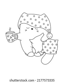 A sleepy cat in a nightcap with a mug of coffee. Picture for coloring.