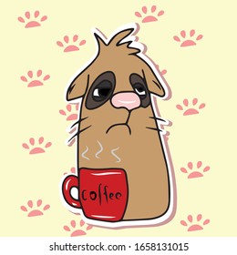 Sleepy cat with a red Cup of coffee . Design of banners and postcards. Sticker. Isolated vector design for online communications, networks, social networks, web design, mobile messages