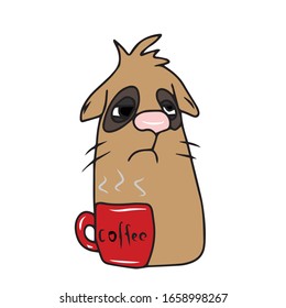 Sleepy cat with a red Cup of coffee . Design of banners and postcards. Sticker. 