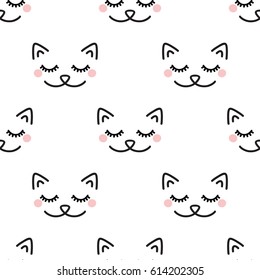 Sleepy Cat. Seamless vector pattern on white background