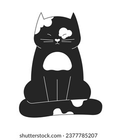 Sleepy cat squinting eyes black and white 2D line cartoon character. Spotted feline pet wrapping tail around itself isolated vector outline animal. Blinking kitten monochromatic flat spot illustration