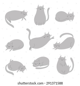 Sleepy cat vector set. Illustration of a cat sleeping in nine different postures