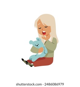 A sleepy child in bright pajamas, ready for bed. Vector illustration depicting a sitting yawning little blonde girl hugging a toy blue bear tightly