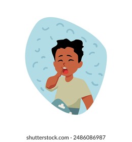 A sleepy child in bright pajamas with a T-shirt and trousers with a pattern of clouds, ready for bed. Vector illustration a yawning boy with his eyes closed