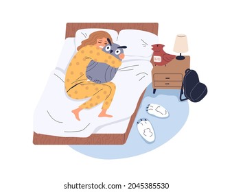 Sleepy child sleeping in bed while alarm clock ringing in early morning. Unhappy lazy school girl sleep and dont want to wake up. Hard wakeup concept. Flat vector illustration isolated on white