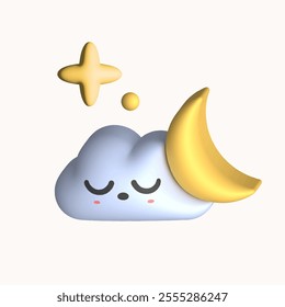 Sleepy Cloud, moon, star. Kawaii weather icon with face expression. Colorful funny character. Plasticine, modeling clay cartoon 3D style. Hand drawn modern Vector illustration. Isolated design element