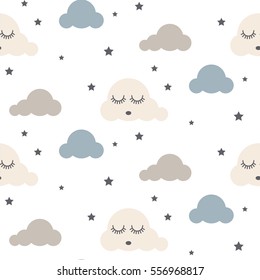 Sleepy clouds seamless kid vector pattern. Gray, blue and white background. Cute baby style textile fabric cartoon scandinavian ornament.