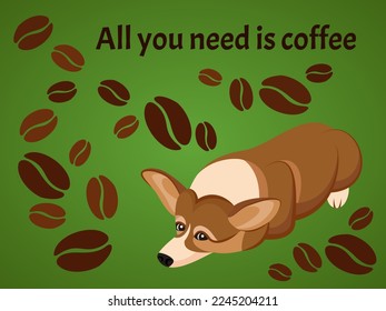 Sleepy corgi dreaming about a cup of coffee