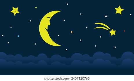 Sleepy Crescent and Stars in Space Above the Clouds. Night time and sleeping concept vector