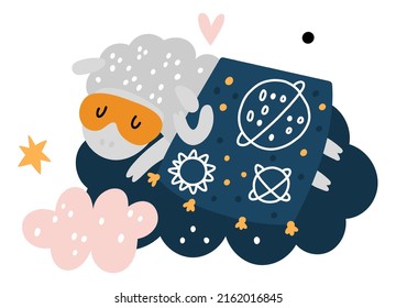 Sleepy cute animal. Baby creature dreaming in bed. Cartoon sheep sleeping under blanket on cloud. Funny ewe slumbering in sky. Night relaxation. Resting character. Vector