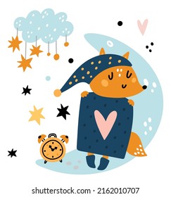 Sleepy cute animal. Baby dreaming in bed. Cartoon creature sleeping under blanket on crescent. Stars and clouds. Alarm clock. Fox in pajamas cap napping on moon. Vector