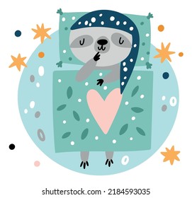 Sleepy cute animal. Happy baby sleeping on moon. Cartoon creatures dreaming in bed under blanket. Sloth in nightcap lying on moon. Stars and planet. Napping mammal in space. Vector night relaxation