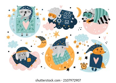 Sleepy cute animals. Baby cartoon creatures dreaming in beds. Woodland funny fauna set. Raccoon and lying on clouds. Sloth and sheep in pajamas or nightcaps. Vector