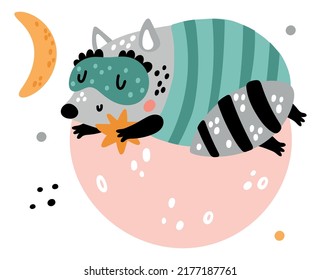 Sleepy cute animals. Happy baby raccoon sleeping on moon. Cartoon creature dreaming in bed. Animal slumbering under blanket. Fantasy night relaxation. Stars and planet