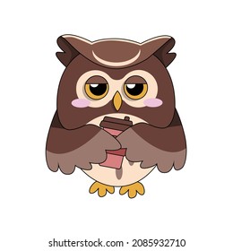 sleepy cute brown owl with coffee