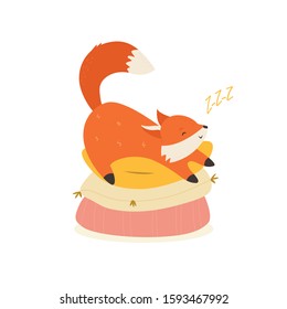 Sleepy cute fox yawning on pillows. Vector illustration. Animal character design