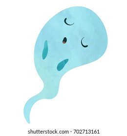 Sleepy cute ghost. Funny cartoon clip art illustration on isolated background. Watercolour imitation.