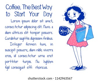 Sleepy Cute girl character with a cup of coffee. Holds the books. Hand drawn Vector illustration. Start your day inscription.  