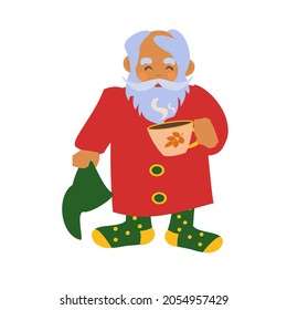 Sleepy cute little gnome with cup of coffee. Isolated characters on a white background.