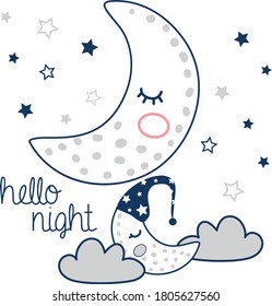 cara adorable de luna adorable con diseño vectorial de nubes. saludo lemas de la noche. Puede usar todo lo que se refiera al bebé.