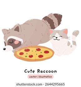 Sleepy bonito guaxinim e gato com toda a ilustração do vetor de desenho animado pizza