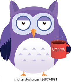 Sleepy cute vector purple owl with coffee mug.