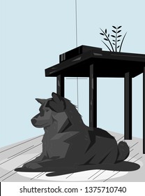 Sleepy degnified dog sitting on the floor dreaming about delicacy. Cosy atmosphere room concept. Flat drawn gray toned illustration in Vector