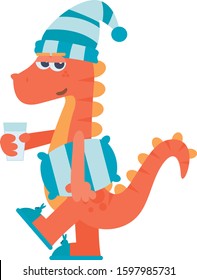 Sleepy dinosaur with a pillow and a glass of milk. Cartoon style. Vector illustration. Flat design style.