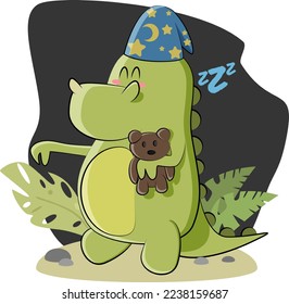 Sleepy dinosaur walks in a dream in a night park