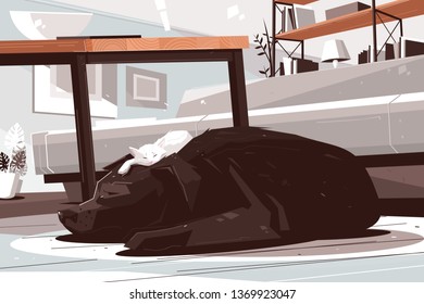 Sleepy Dog And Cat Daydreaming In Living Room. Buddies Lying On Carpet Vector Illustration. Giant Retriever Allowing Small Furry Kitten Sleeping On Head Flat Style Design. Strange Friendship Concept