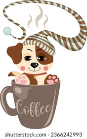 Sleepy dog with hat in coffee mug
