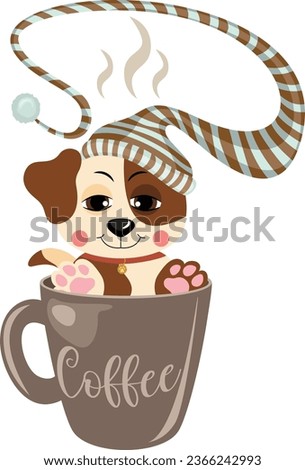 Sleepy dog with hat in coffee mug
