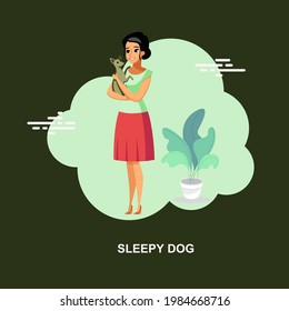 Sleepy dog with young beautiful girl holding dog in hands and making to sleep