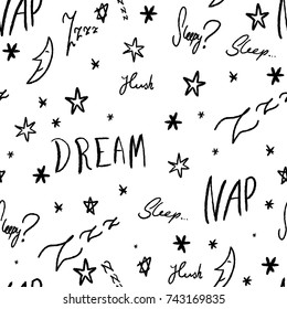 Sleepy doodle - sleep time vector pattern with handwritten words.