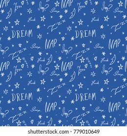 Sleepy doodle - sleep time vector pattern with handwritten words.