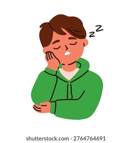 Sleepy drowsy boy resting head on hand with closed eyes. Child character asleep, reposing, nap and slumber. Tired low-energy kid sleeping. Flat vector illustration isolated on white background