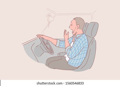 Sleepy, drunk, tired, truck driver concept. Young tortured man labourer stopped to sleep. Drunk guy got behind the wheel against rules. Beginning of working day. Browsing trucker. Flat simple vector.