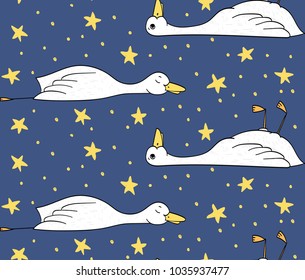 Sleepy duck, pattern with duck and stars, vector