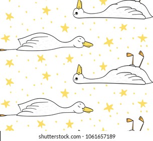 Sleepy duck, pattern with duck and stars, vector