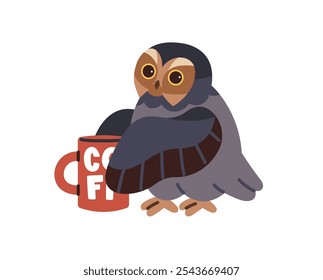 Sleepy eagle owl holds cup with wings and drinks coffee to wake up. Cute bird with teacup of morning hot beverage. Asleep animal with mug of breakfast tea. Flat isolated vector illustration on white