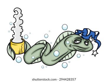 Sleepy Eel Fish Drinking Hot Tea