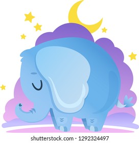 Sleepy elephant with cloudy background and Moon and stars in RGB colors.