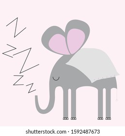 Sleepy elephant under blanket kids illustration