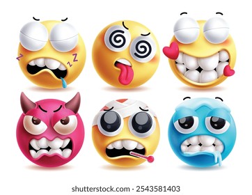 Sleepy emoji vector characters set. Emojis clip art in tired, dizzy, in love, devil, sick and cold facial expressions in white background. Vector illustration sleepy icon collection set.
