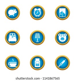 Sleepy evening icons set. Flat set of 9 sleepy evening vector icons for web isolated on white background