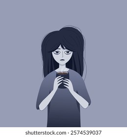 Sleepy female character with a cup of coffee